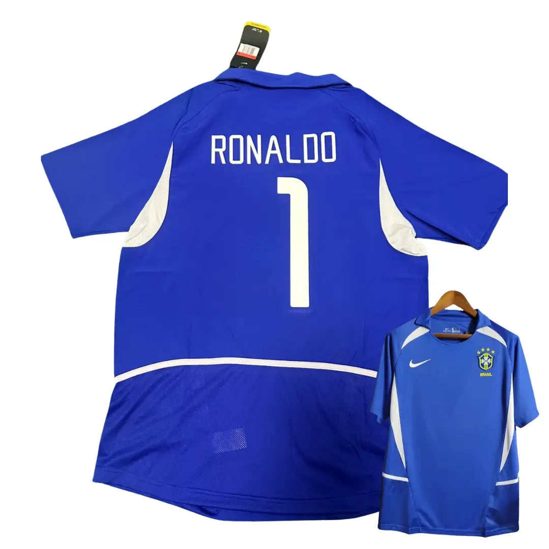 Camisa Brasil 2002 Away Azul - #1 RONALDO - Tamanho G (L)